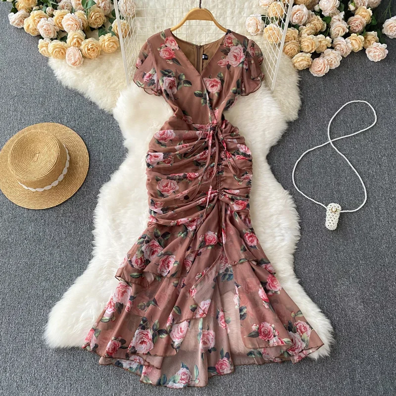 

Chic Drawstring Bodycon Short Sleeve Vneck Dress Wrap Dresse Fashion Vestidos Women Vintage Spring and Autumn Trumpet Dress