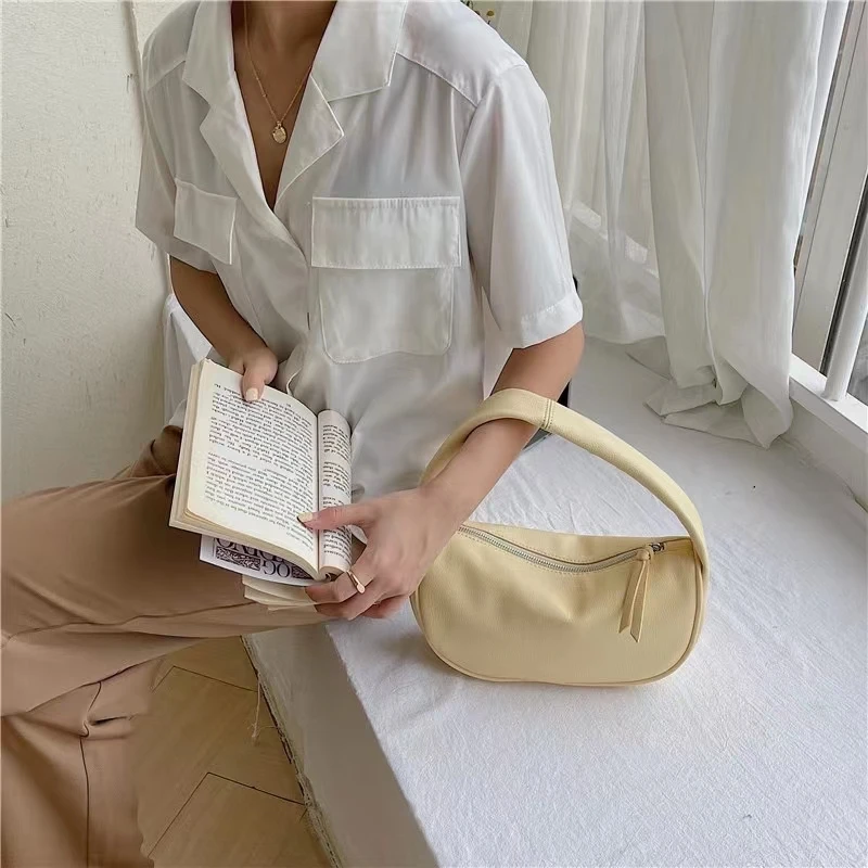 Plain color simple fashion soft leather tote bag all-around girl bag commuting date daily armpit bag small dumpling bag