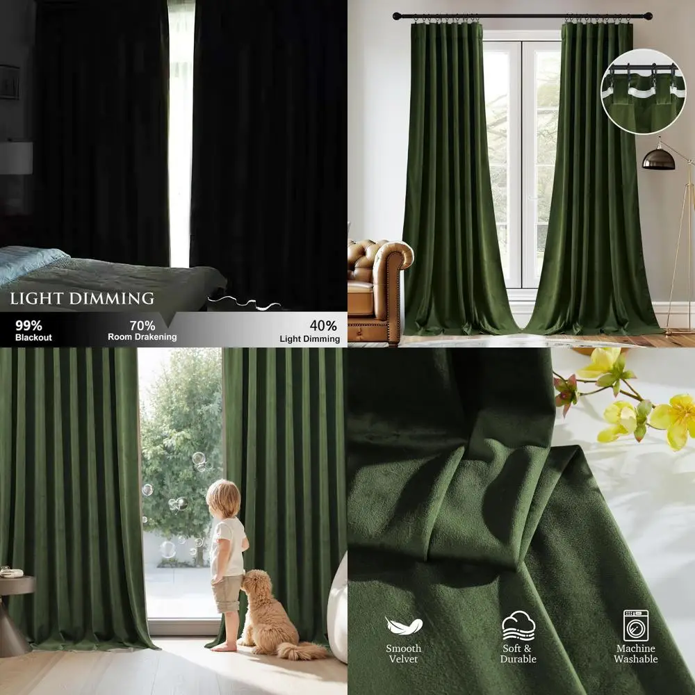 

Moss Green Velvet Blackout Curtains, 96 Long, Back Tab & Hook, 2 Panels, Christmas Decor for Home