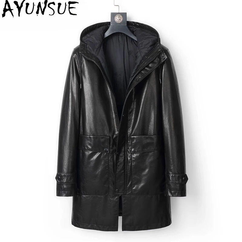 

AYUNSUE куртки из 100% натуральной коровьей кожи, мужские зимние плащи с капюшоном средней длины, мужское пальто из натуральной яловой кожи с подкладкой из тутового шелка