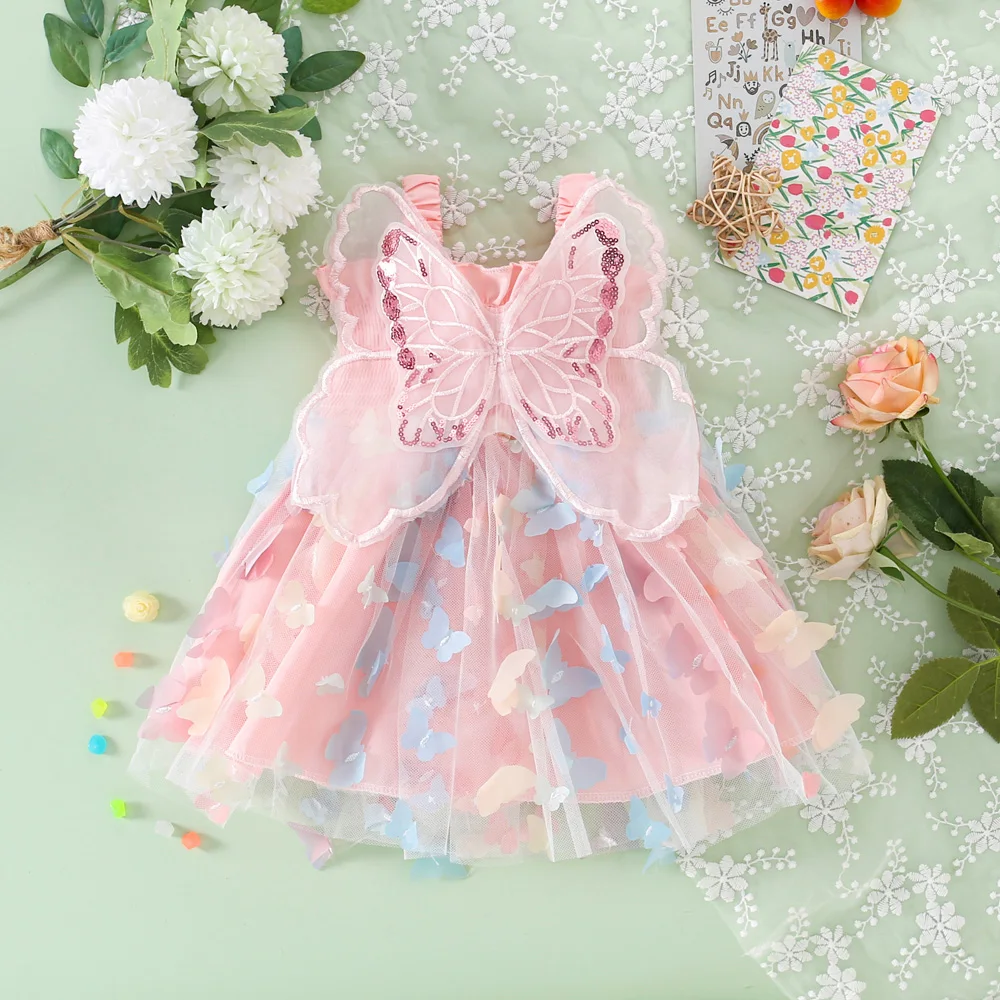 Summer Beach Birthday Party Baby Girl Princess Dress For Young Children 3d Fairy Butterfly Wings Suspender Mesh Cute Dress