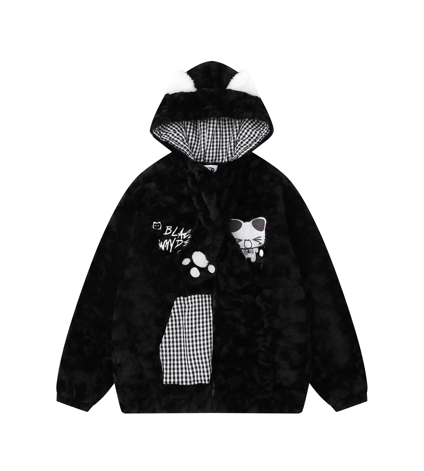 Autumn Winter New Men's Cute White Cat Ear Plaid Patchwork Cardigan Couple Black Loose Casual Thickened Hooded Sweatshirt