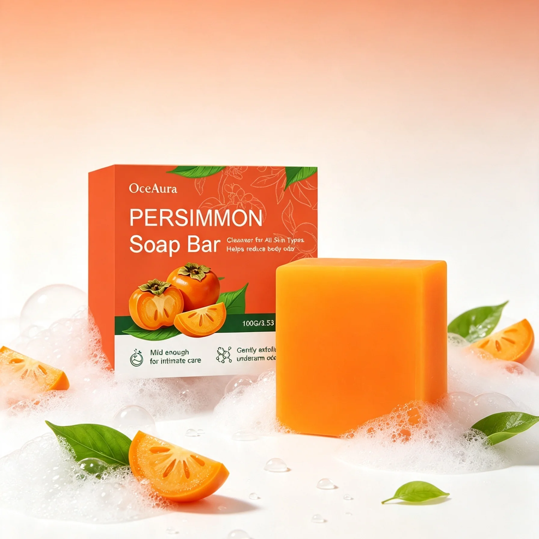 OceAura Persimmon Soap Bar for Body Odor Control Exfoliator Smell Remover Purifying Soft Smooth Body Deodorant Cleaning Soap