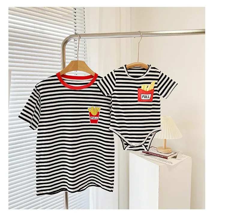 Family Match Unisex Black And White Striped T Shirt Short Sleeve Baby Clothes Parent-child Wear Pattern Child Dad Mother Kids