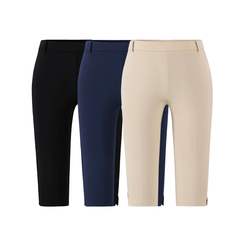 3 Colors American Retro Elastic Waist Calf Length Pants Woman Slit Cuff Stretch Capris Slim Skinny Trousers Legging Bottom Black