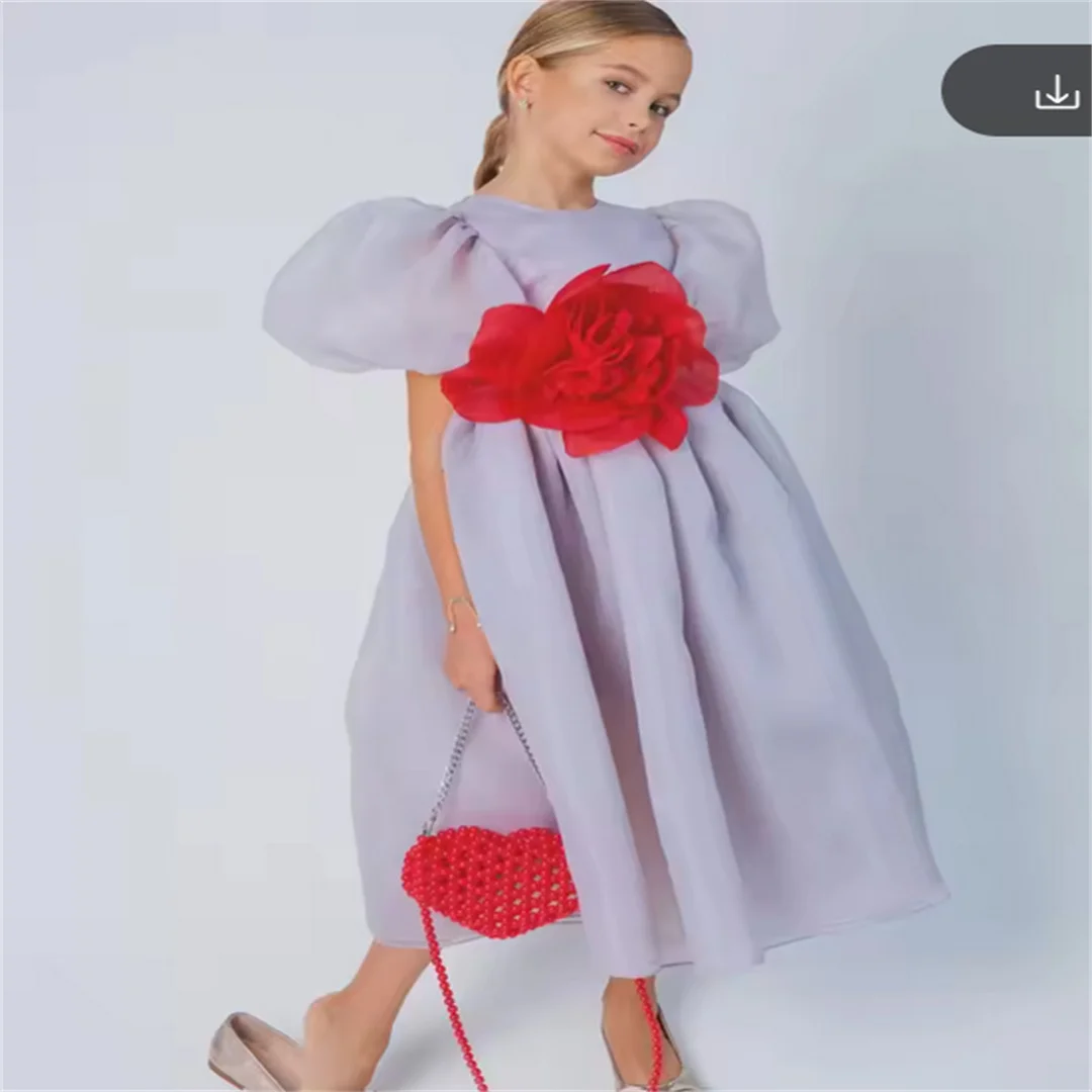 

Customized Lavender A Line Flower Girl Dresses Tea Length Chiffon Kids Birthday Gowns Floral Little Girls Photoshoot Wedding