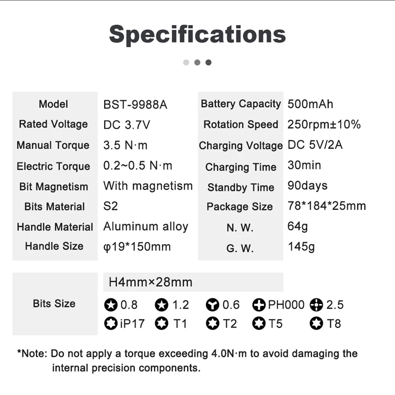Electric Screwdriver 10 Bits 5 Torque Adjustment Magnetic Precision Tool for Phone Glasses Watch PC Repair