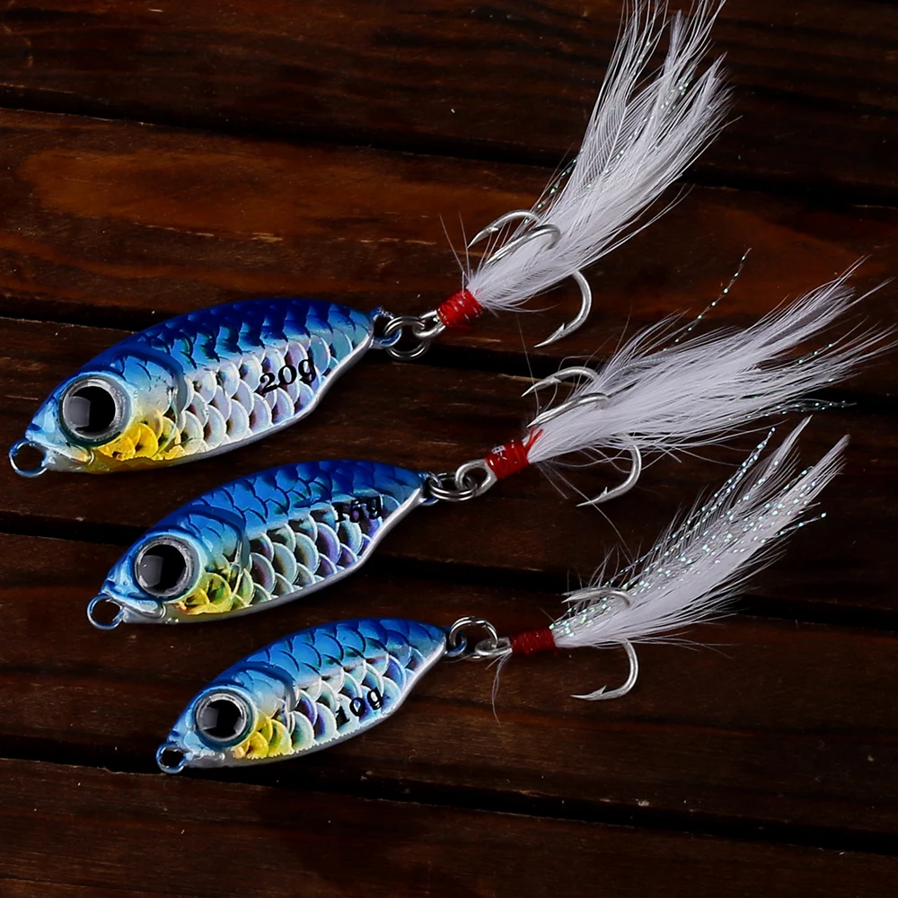 AYWFISH 1PCS Metal Casting Jig Artificial Vibration 10G / 15G / 20G Fishing Metal Bait Jigging Spoons With Feather Treble Hook
