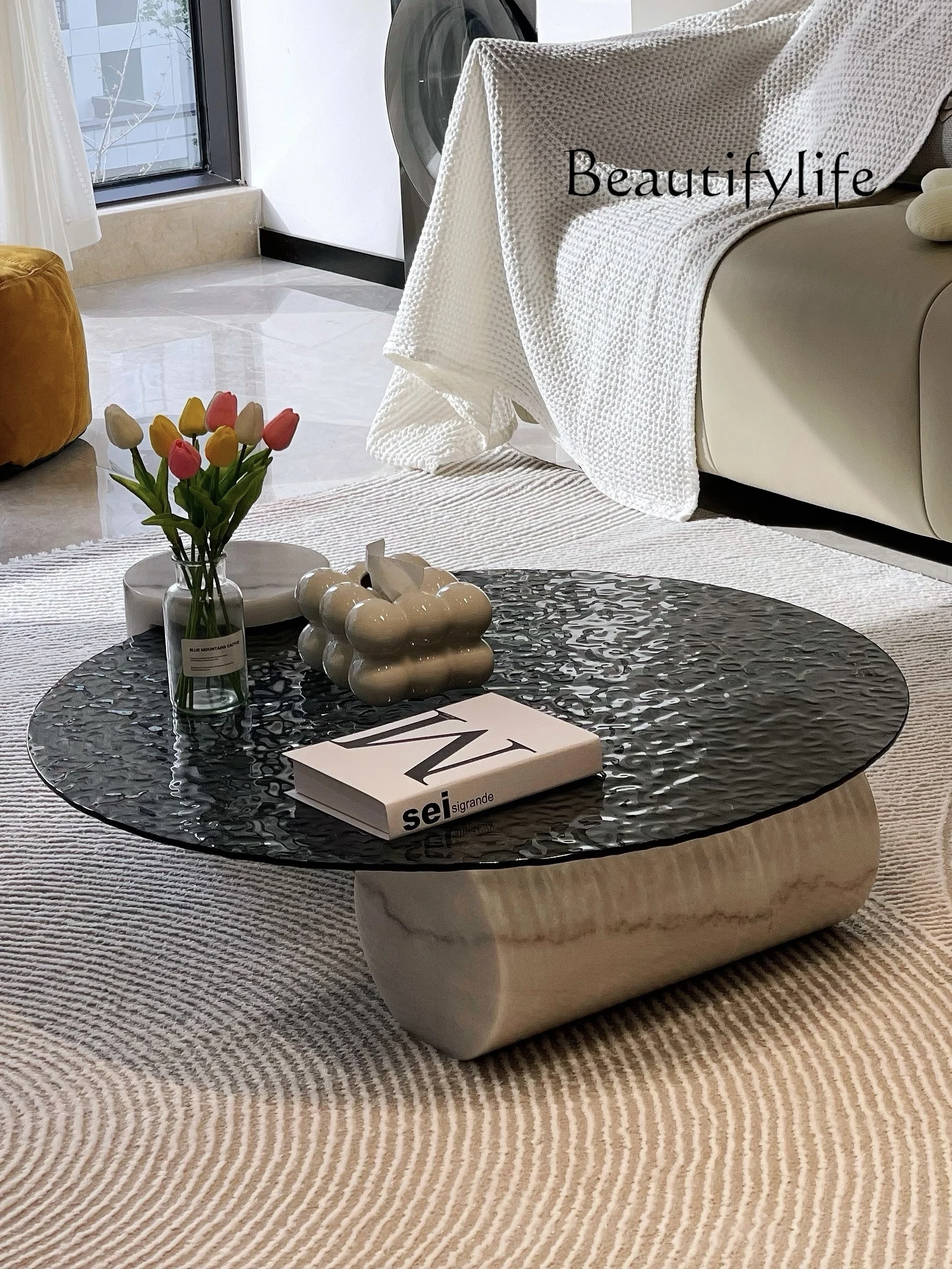 Water Ripple Tempered Glass Marble Tea Table Nordic Home Creative Silent Style round Tea Table