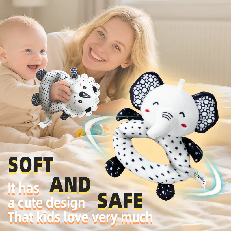 لعبة خشخيشة تسنين للأطفال باللونين الأبيض والأسود - حلقة قبضة مناسبة لحديثي الولادة من 0 إلى 12 شهرًا، مثالية للتطوير المبكر