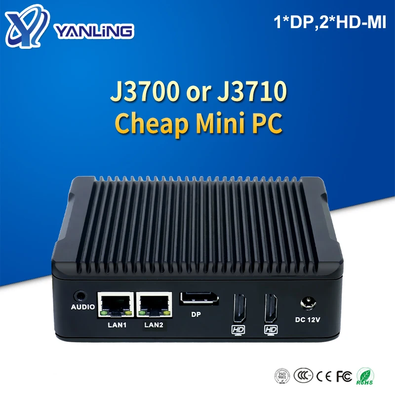 Mini PC Fanless para QUIOSQUE, Quad Core, Dual Lan, computador Desktop para Digital Signage, 2 * HD, 1 * DP, J3700, J3710, barato