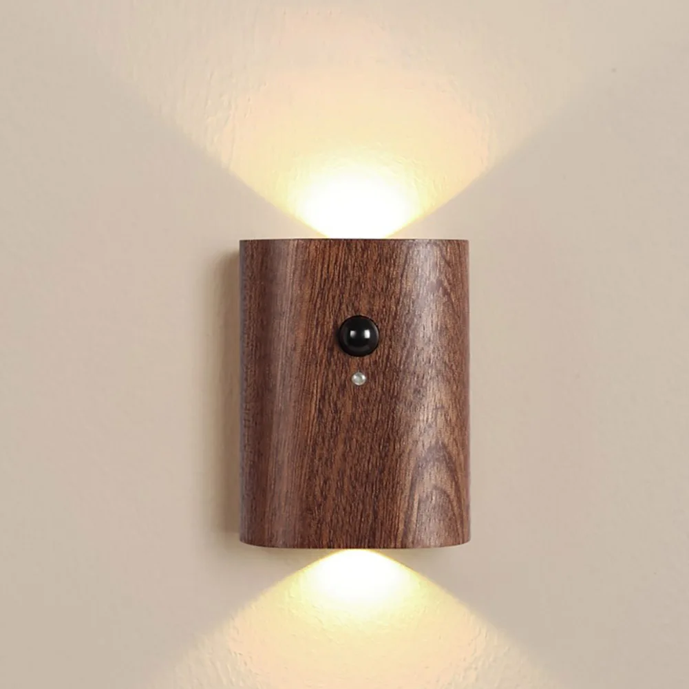 Lámpara LED de pared con Sensor de movimiento, luz nocturna de grano de madera magnética, recargable por USB, accesorios de iluminación para dormitorio y cocina, 0,4 W