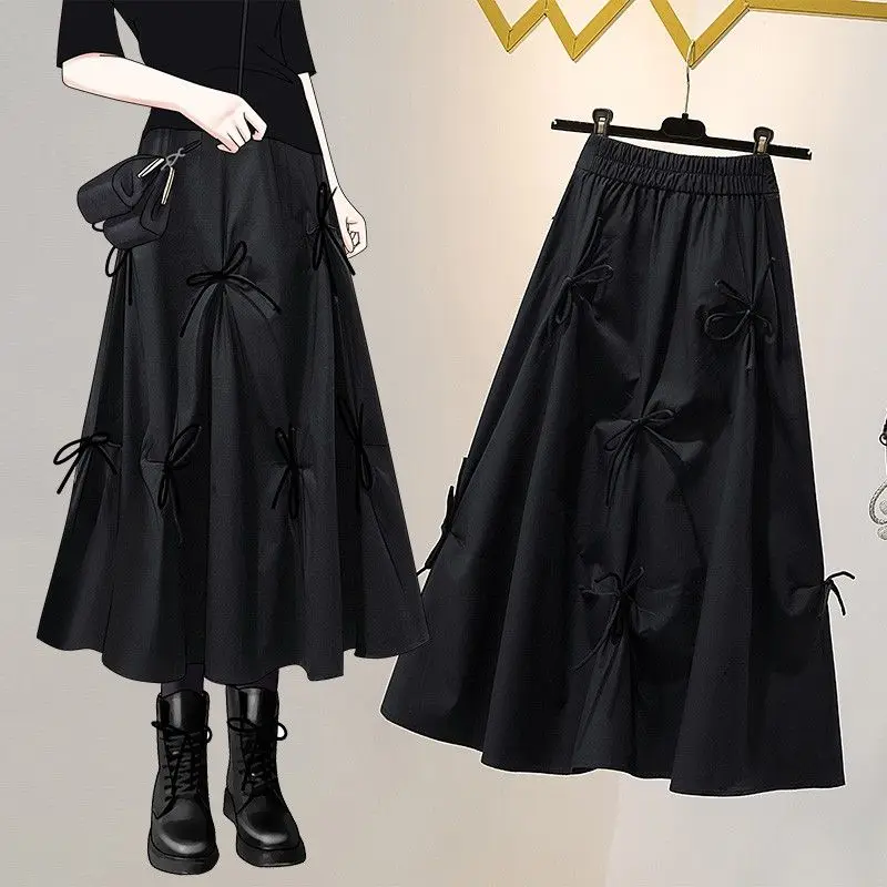 Black Bow Patchwork A-line Skirt Summer New Elastic Waist Solid Color Loose Street Casual Skirts Fashion Vintage Women Clothing