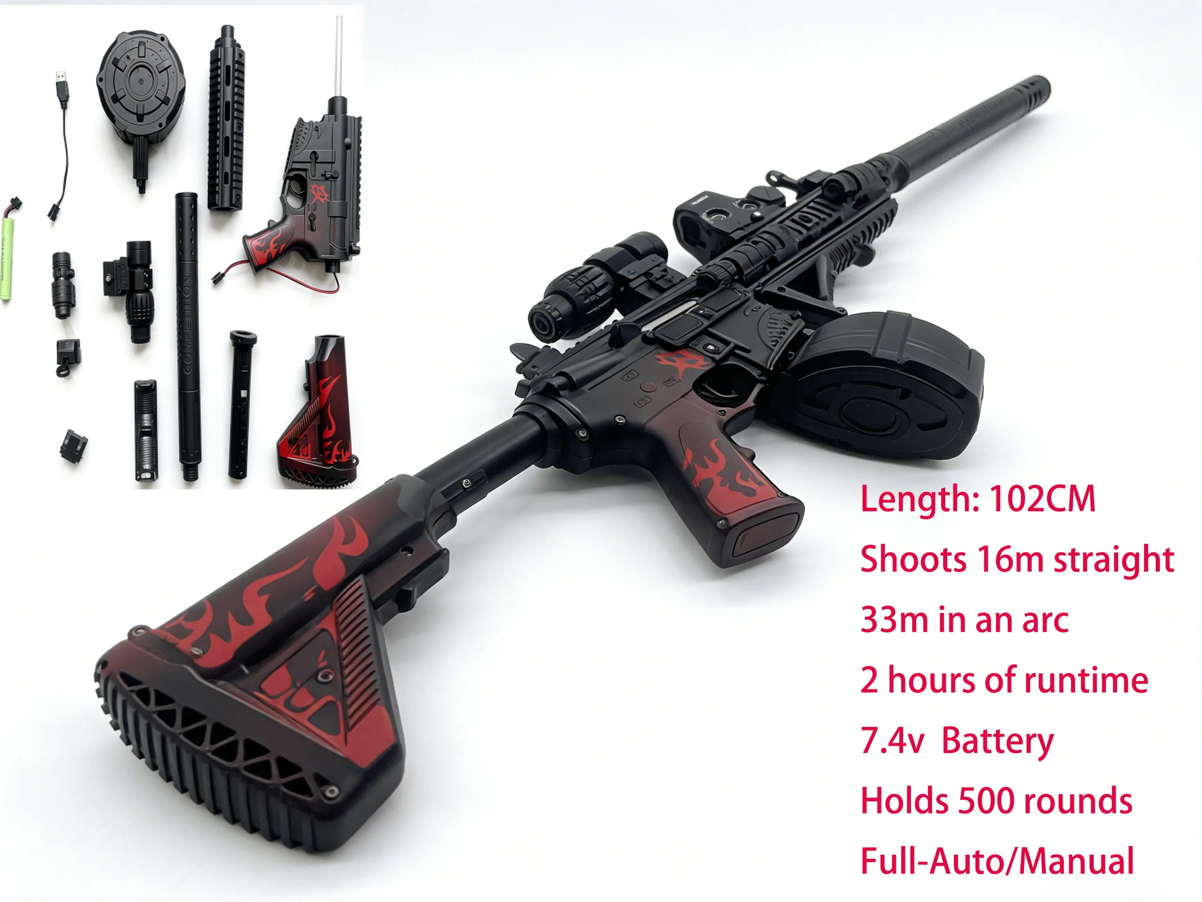 Pistola de Gel Automática con Tambor de 500 Disparos, Alcance de 16 m - Juguete de Combate Táctico al Aire Libre para Adultos y Adolescentes