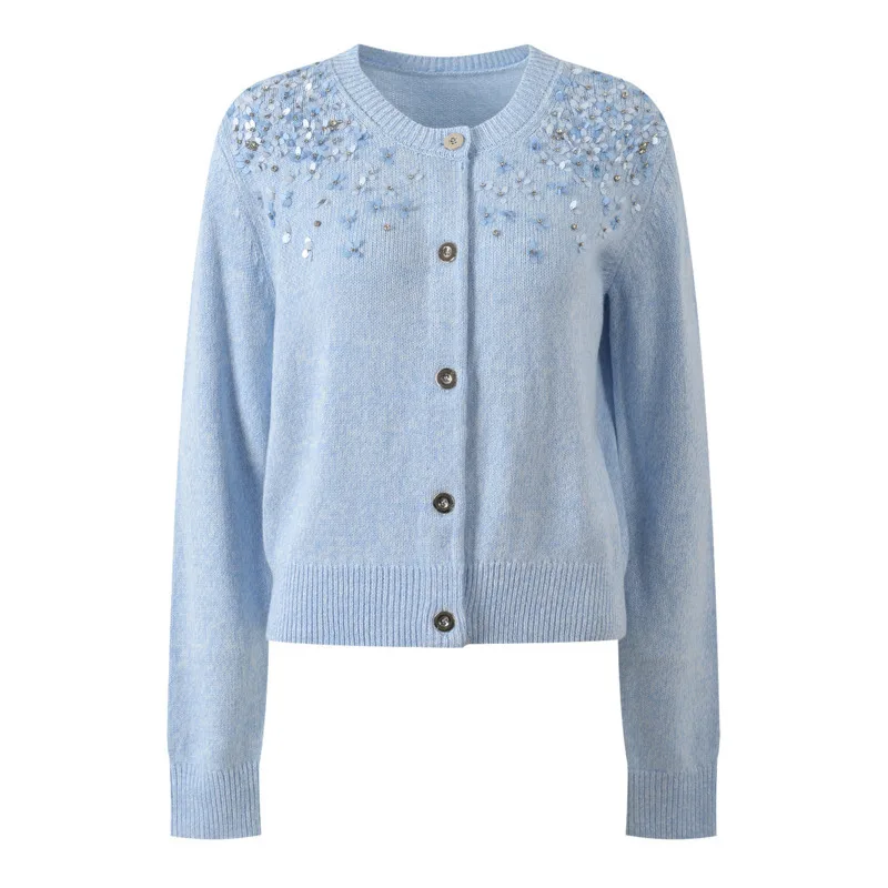CHUJIE Cárdigan de punto estilo suave otoño 2025, top de manga larga con cuello redondo, parte delantera con botones de lentejuelas y cuentas - Rosa / Azul Opcional.