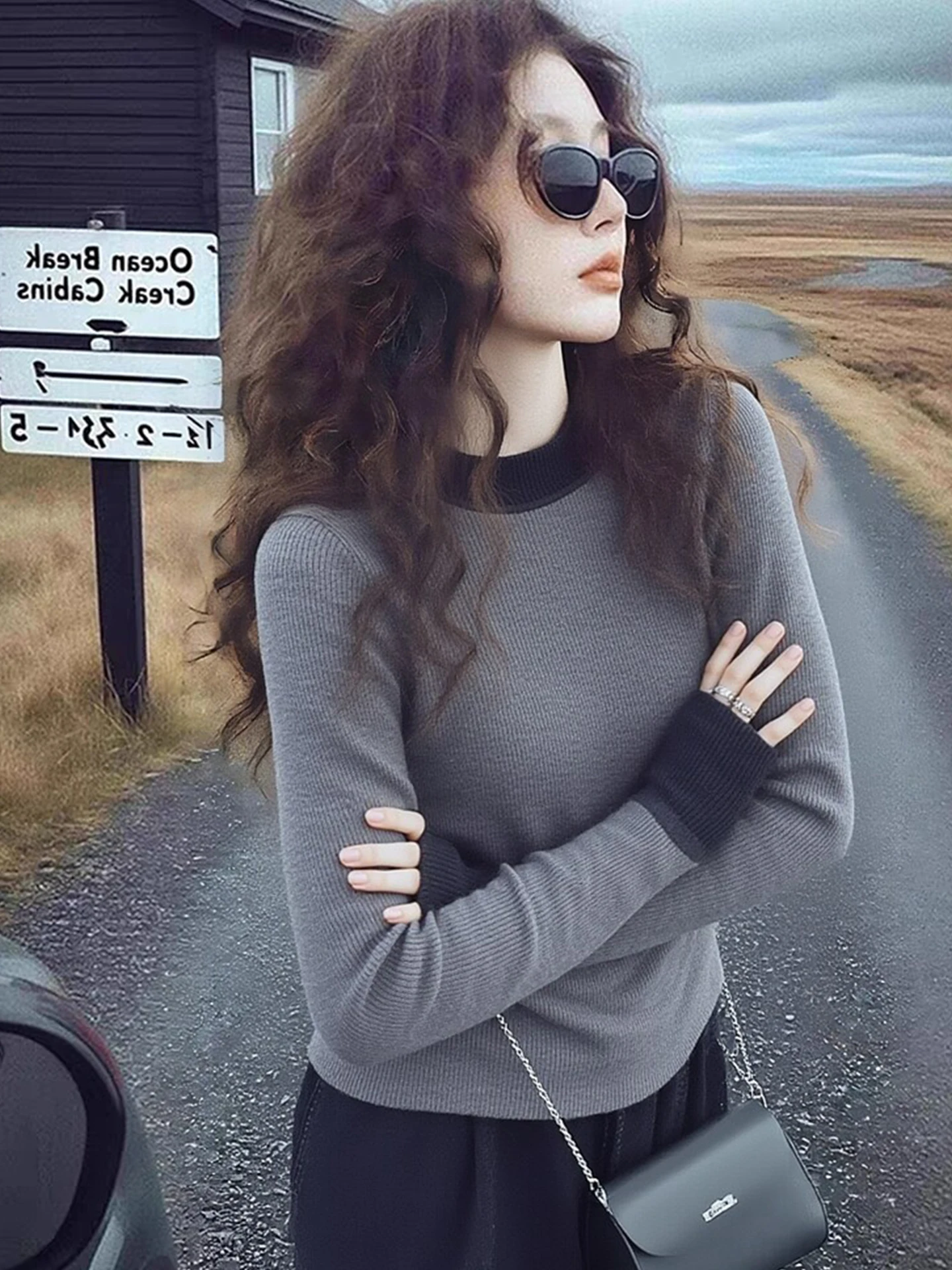 

Slim Fit Long Sve Color Blo Knit Top Ele Design Универсальный базовый слой для похудения irt Корейский Sle Commute Faion