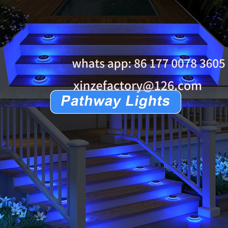 6 عبوات قابلة للتخصيص، أضواء الممر الشمسية، أضواء حوض الطاقة الشمسية، أضواء سطح الطاقة الشمسية الزرقاء في الهواء الطلق IP68 مقاومة للماء، لاصقة للخطوة