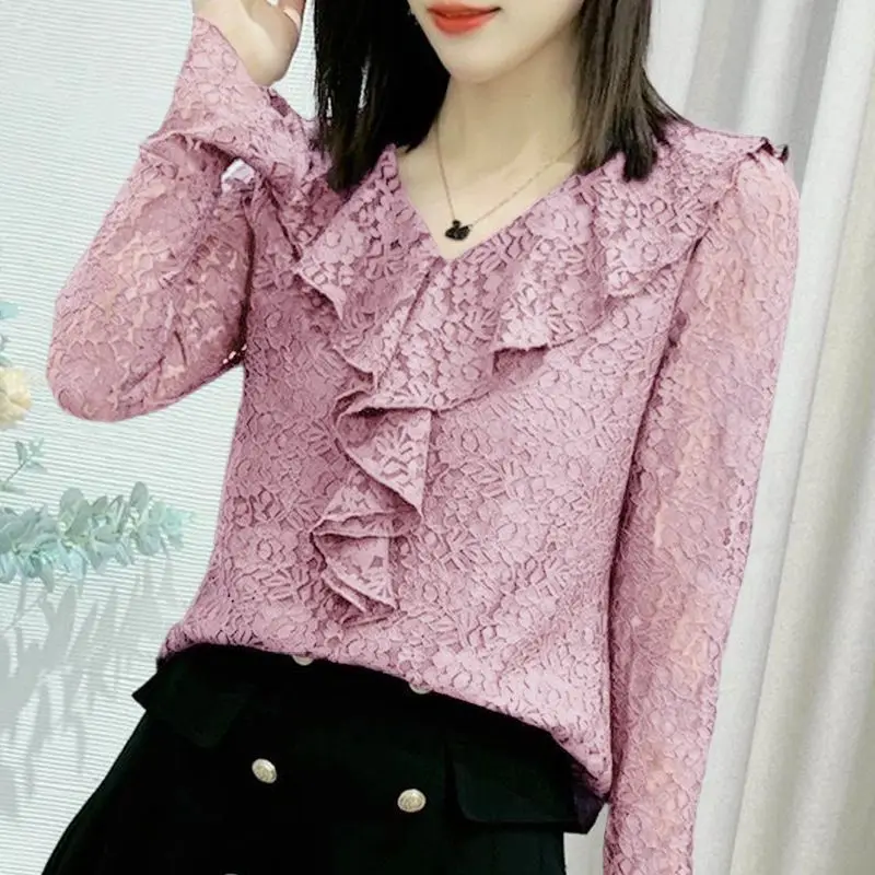 Fashion Solid Color Lace Hollow Out Ruffles Blouses Women\'s Clothing 2023 Autumn Winter Loose Casual Tops Flare Sleeve Shirts