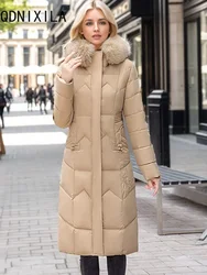 Thick Long Down Coats Woman Clothing New Hooded Fashion Cotton Slim Over Collar Parkas Mid-length Winter Jackets for Women 2024