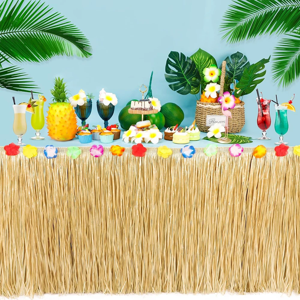 Hawaiian Straw Table Skirt Tropical Luau Grass Table Skirt Hawaiian Sea Beach Hula Party Decor Wedding Birthday Party Decoration - view 3