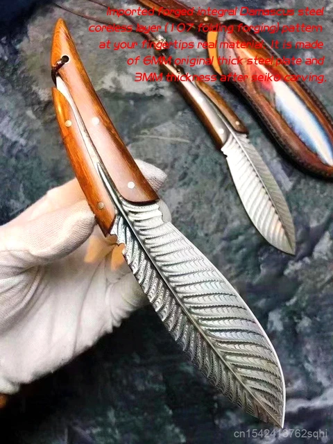 Damascus bone blade • Multicolored feather pattern outdoor knife Jungle  adventure straight knife Collection Gift knife set - AliExpress