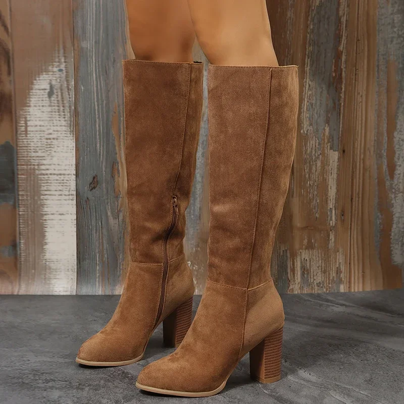 Long Boots Women Cowboy Heels Western Chunky Shoes Leather Knee High Long Elegant Designer Plus Size New Rock Pole Dance Brown