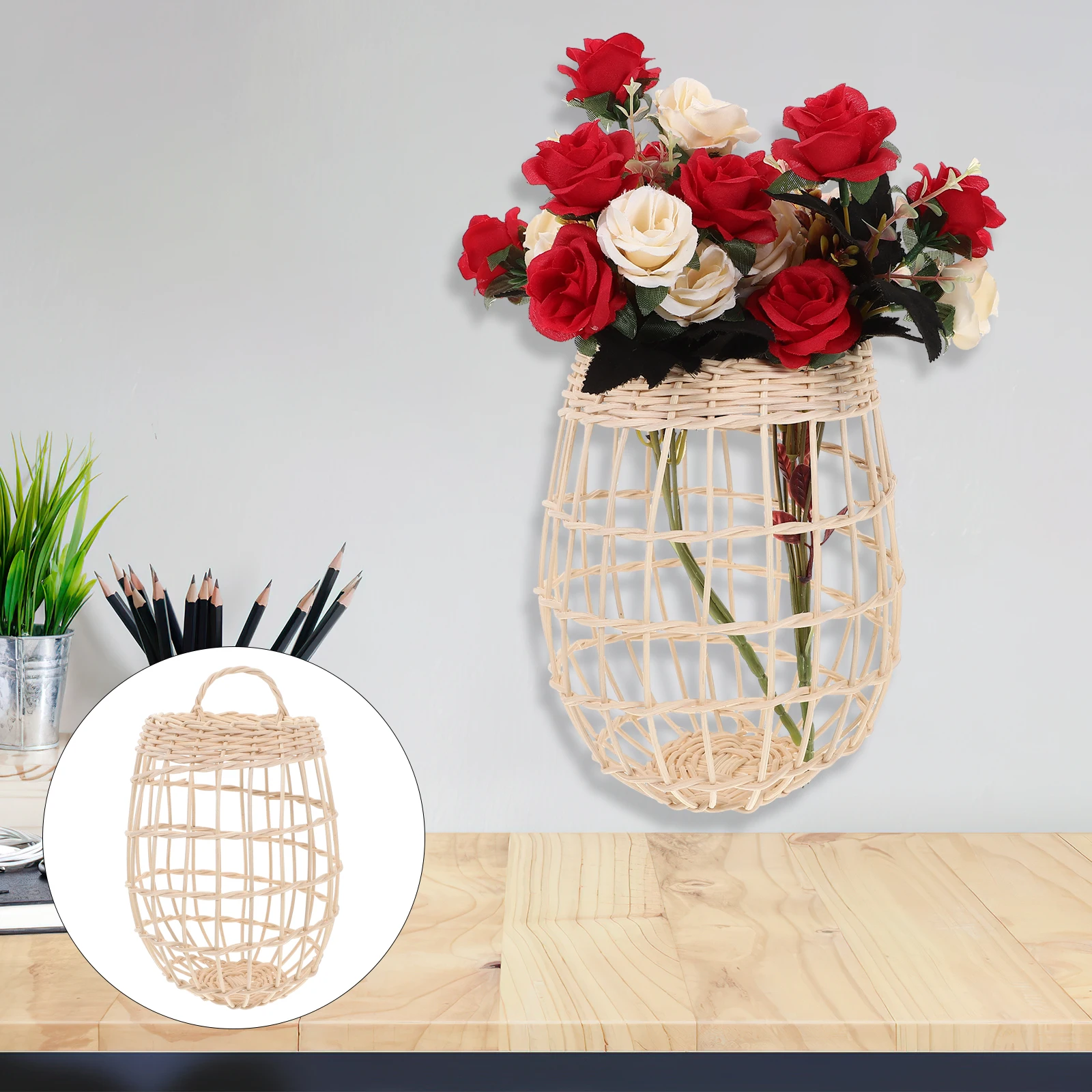 

Hanging Rattan Storage Baskets Wall Mounted Vegetable Organizer Imitation Wicker Kitchen Pantry Decorative Home for Farmhouse