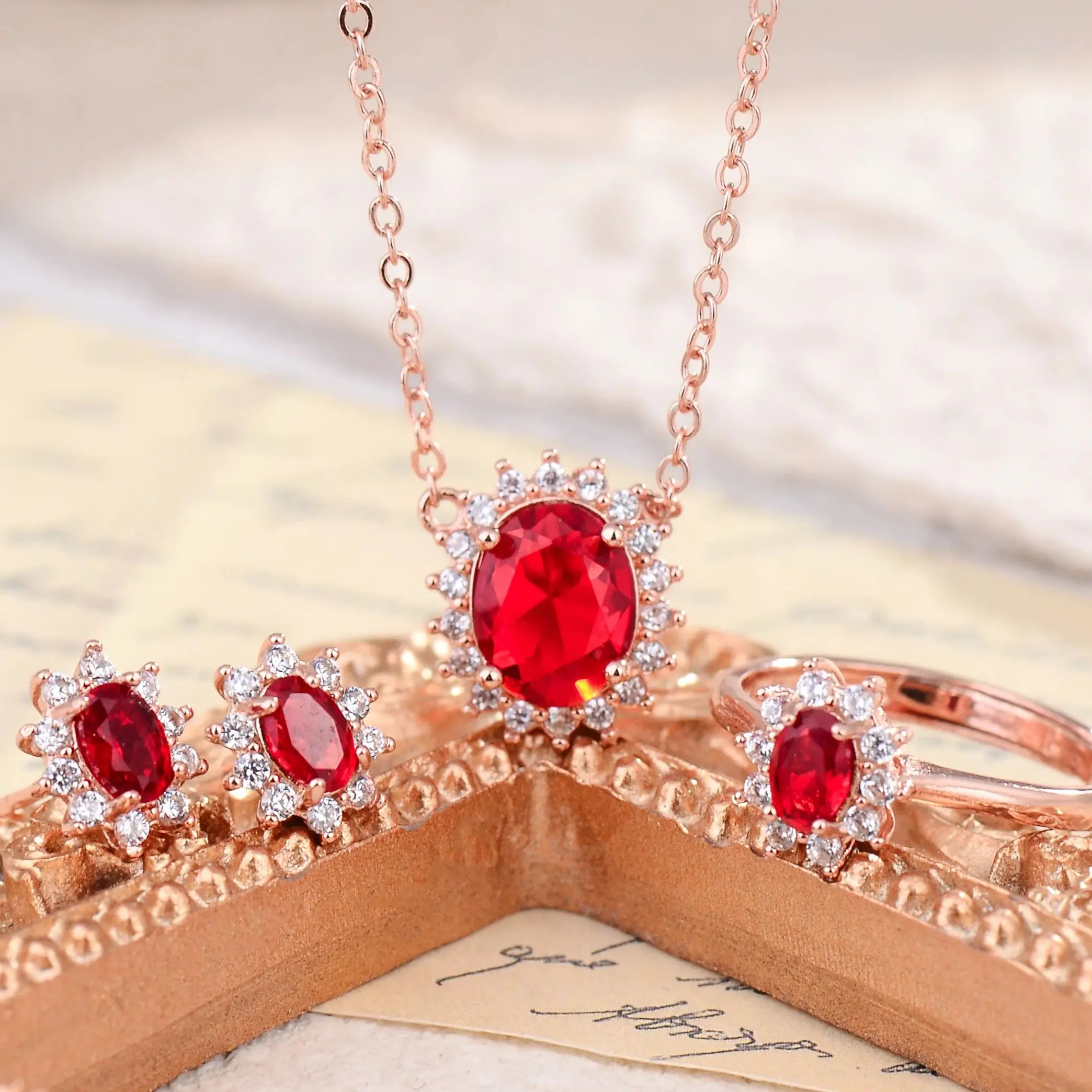 

KNOW DREAM Red zircon set jewelry gift box for dinner fashion accessories Earrings Pendant Necklace Ring ﻿