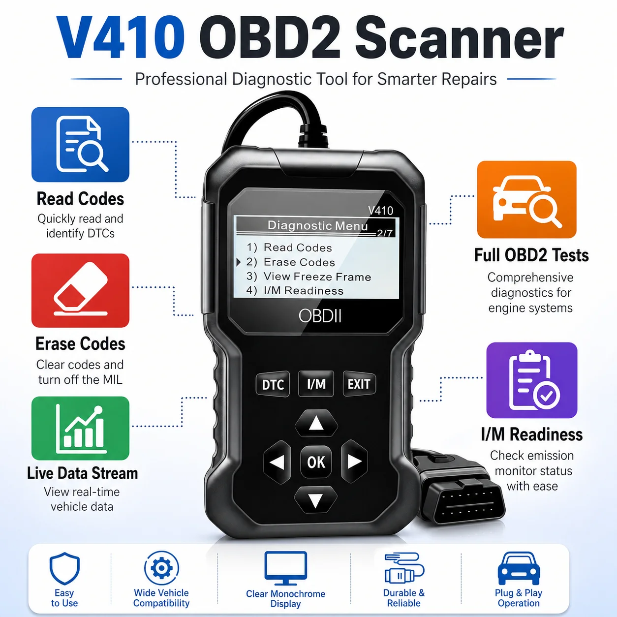 V410 OBD2 Diagnostic Scan Tool, Engine Fault Code Reader & Eraser, Real-Time Data Stream, I/M Readiness, Voltage Test for DIY &