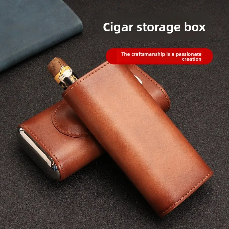 

Portable Cedar Wood Cigar Case Humidor 3-Cigar Leather Holder Travel Cigar Box