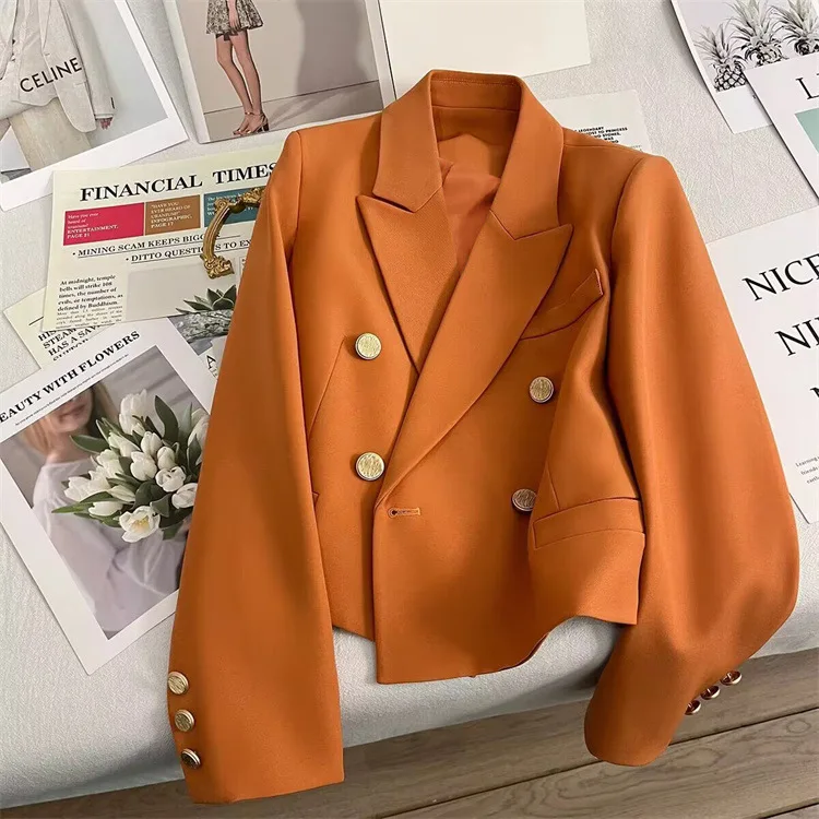 

Small Suit Jacket Female Autumn 2023 New Korean Double-breasted Suit Collar Long Sleeve Solid Color Short Suit Jacket Women