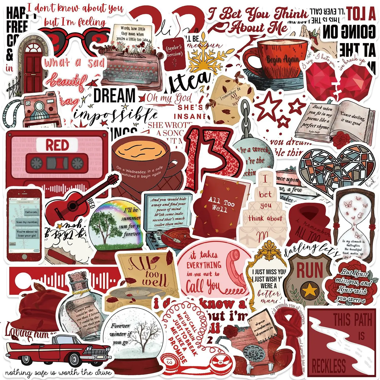50 pçs dos desenhos animados estéticos famoso cantor taylor álbum vermelho adesivos líricos para portátil garrafa de água bagagem skate decalques
