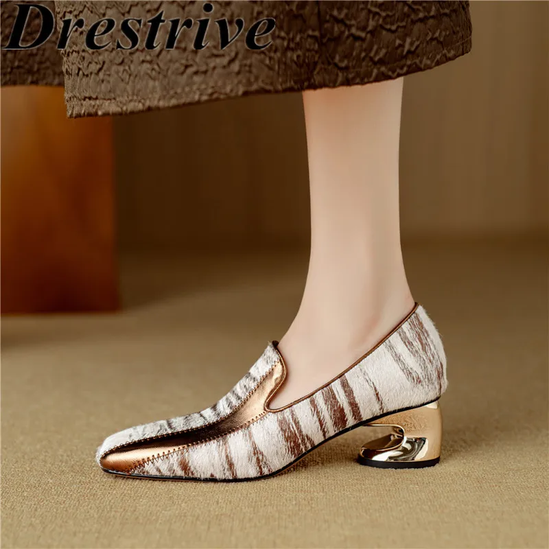 

Drestrive 2024 Fashion Top Quality Women's Pumps Horsehair Square Toe Mid Heel Cow Leather Pacthwork Autumn Shoes Full Genuine