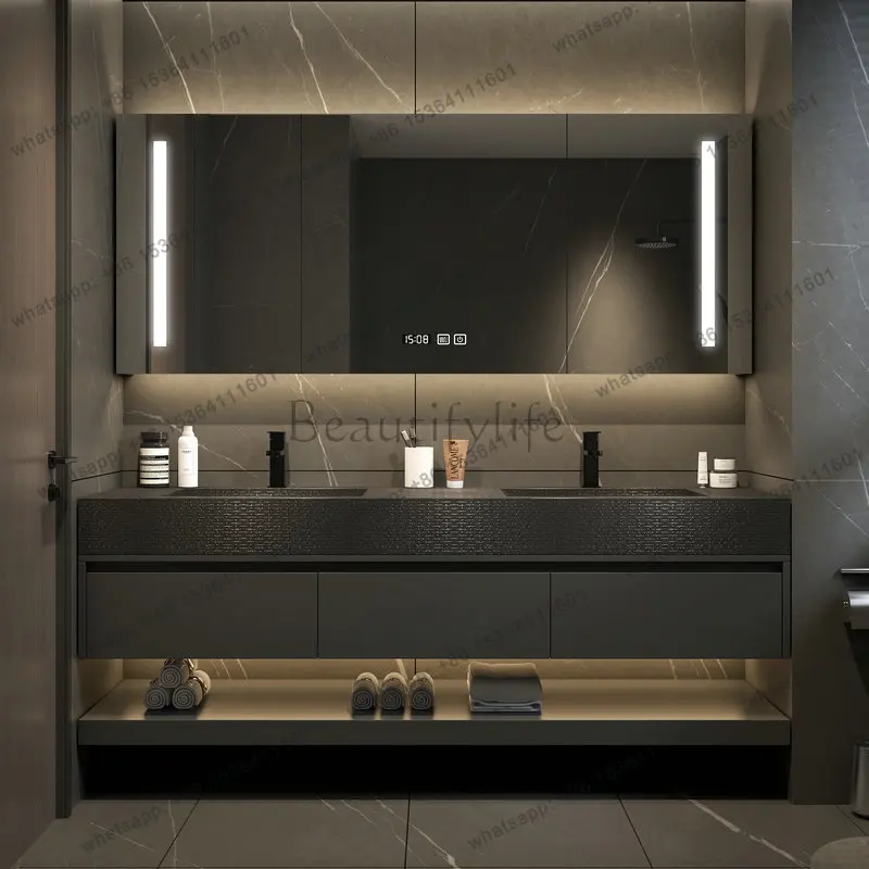 LDModern Black Bathroom Cabinets Slate Integrated Seamless Washbasin with Drawers Bathroom Vanity with Sink Bathroom