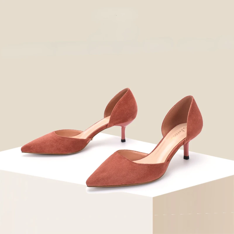 

French Style Pumps Women 2022 Autumn New 5cm Pure Cameo Brown Suede Hollow Slip-on Pointed Toe Sandals Daily Wear Work Shoes