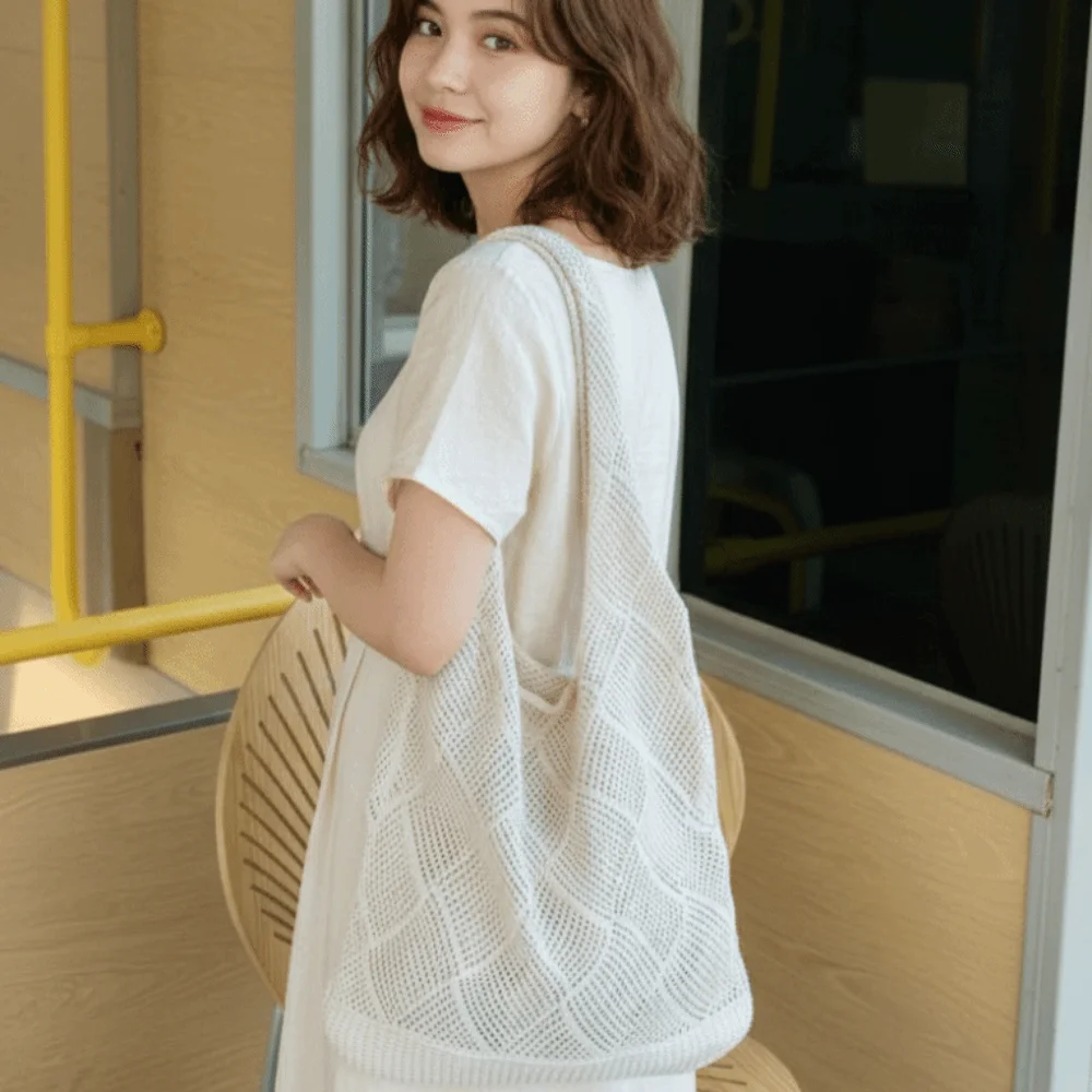 

Lightweight Bohemian Crochet Handbag Foldable Soft Polyester Knit Large Capacity Knit Shopper Washable Fabric