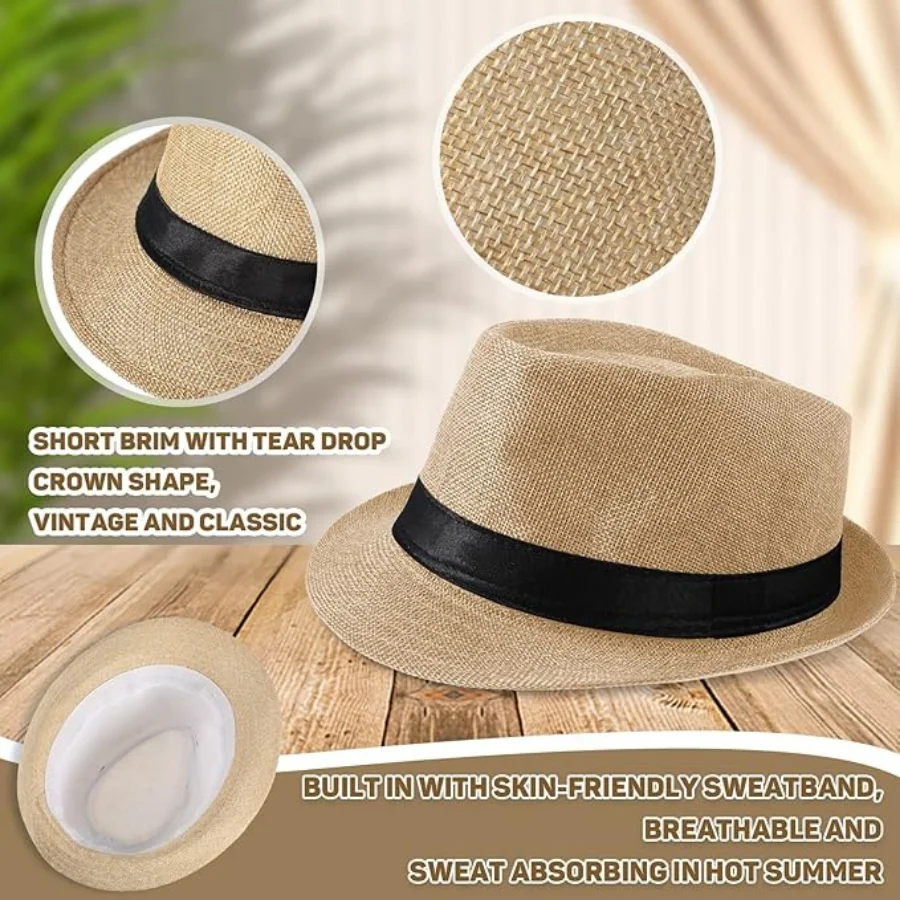 6-48PACK Wedding Straw Fedora Hats for Men Short Brim Panama Hat for Birthday Party Wedding Celebration 58cm view 5