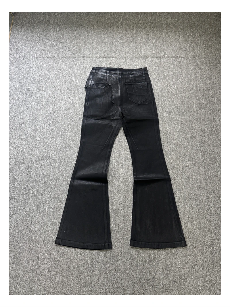 High Street RO Style Pants Men's Coated Brushed Wax Patch Fabric Splicing Micro Stretch Jeans High Waisted Slim Fit Pants