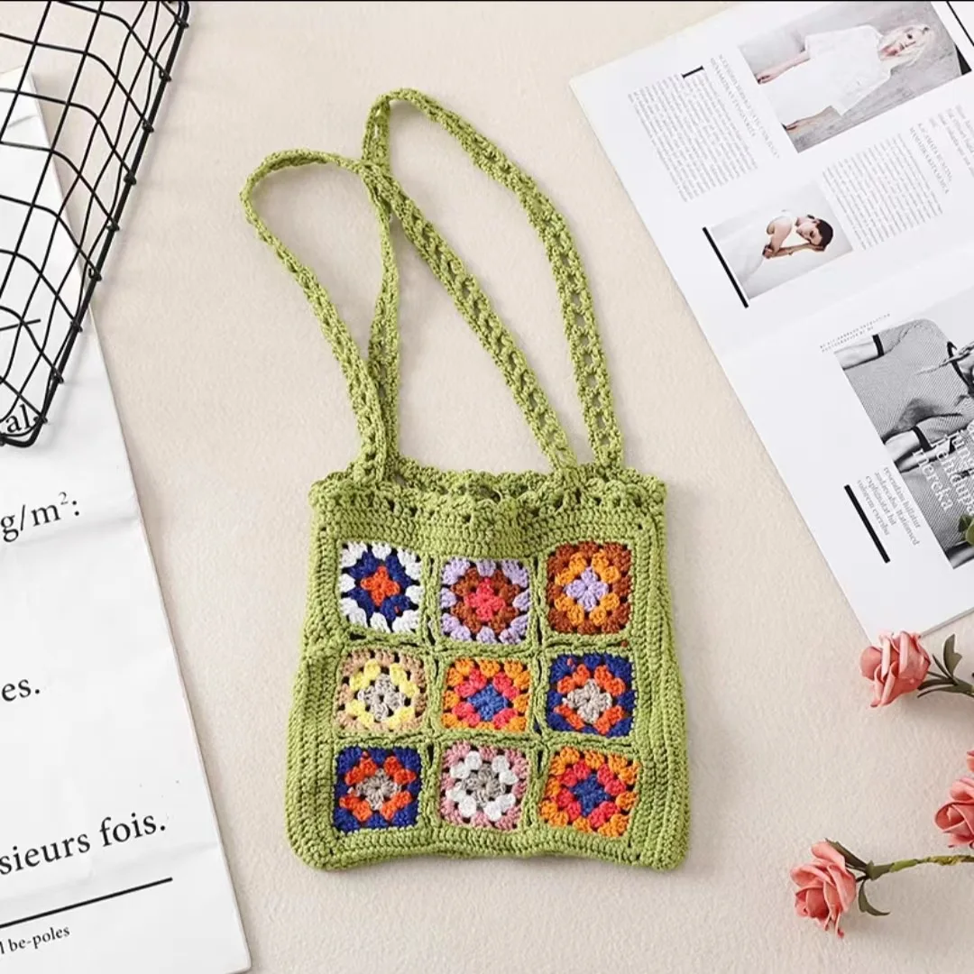 Crochet Hand Knit Bag Contrast Color Design Shoulder Woven Bag Totes Knitting Plaid Bag Multicolor Women\'s Bag 30*28CM