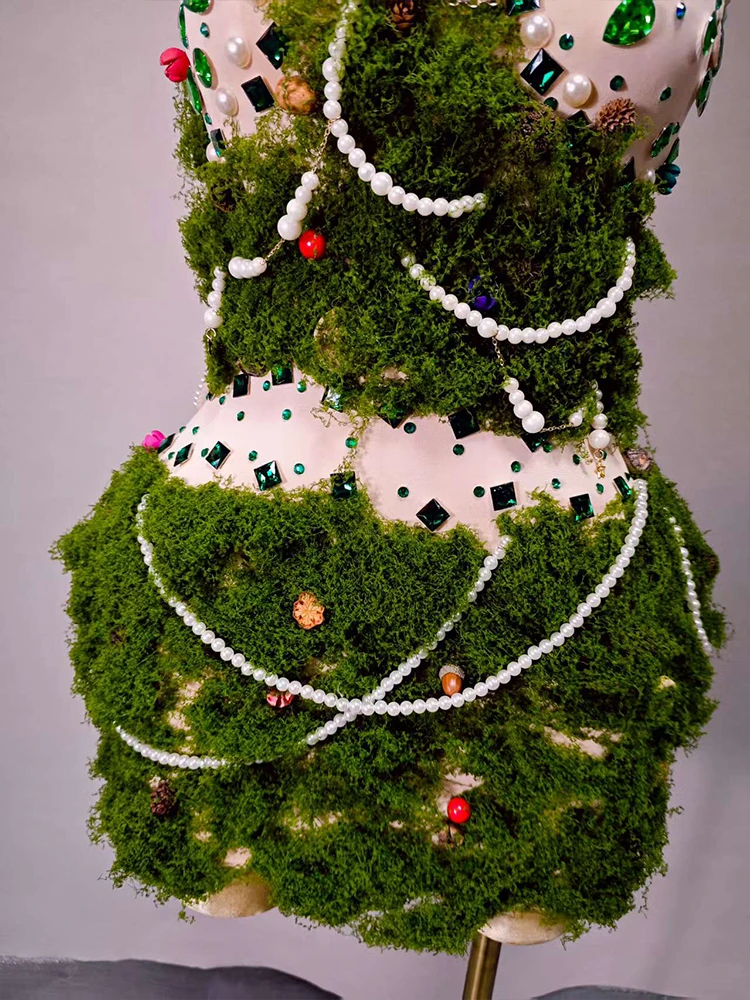 Elegante verde strass saia curta grama falsa ombro-livre cantor evento traje lady gaga festival de aniversário arrastar outfit