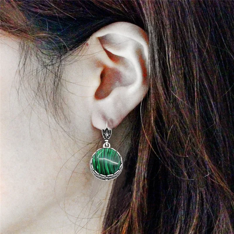 Round Synthetic Malachite Earrings For Women Antique Silver Plated Party Hollow Flower Pendant Fashion Jewelry