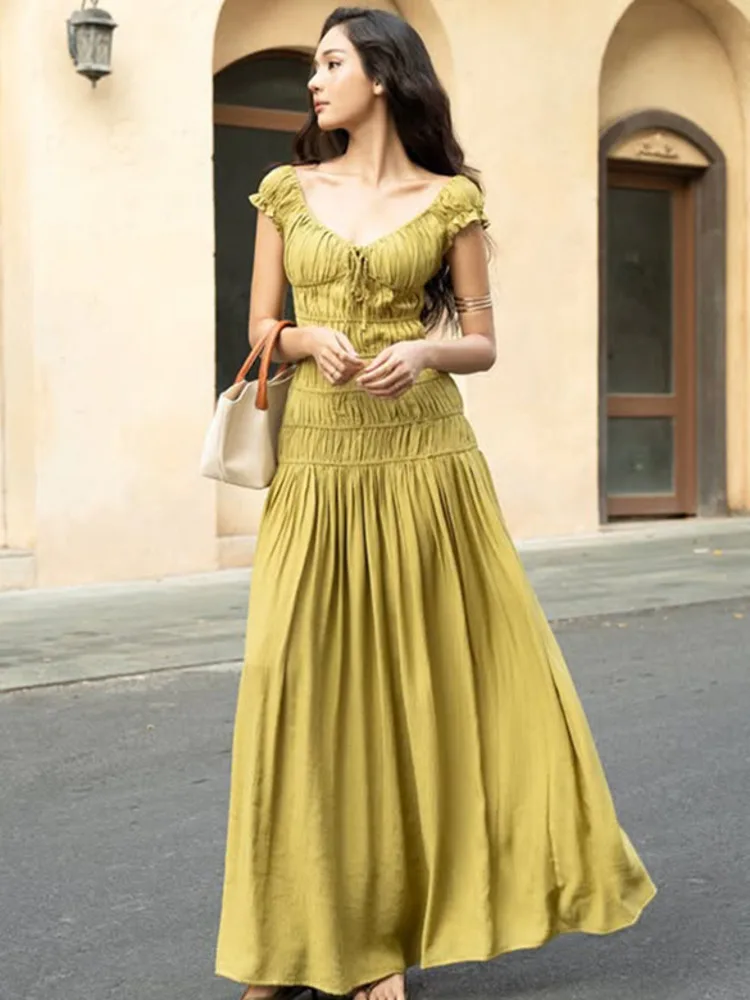 

Blifanbo Sexy Deep V-neck Pleated Maxi Dress For Women Elegant Fashion Backless Slim Fit Solid Color Sexy Holiday Birthday Dress