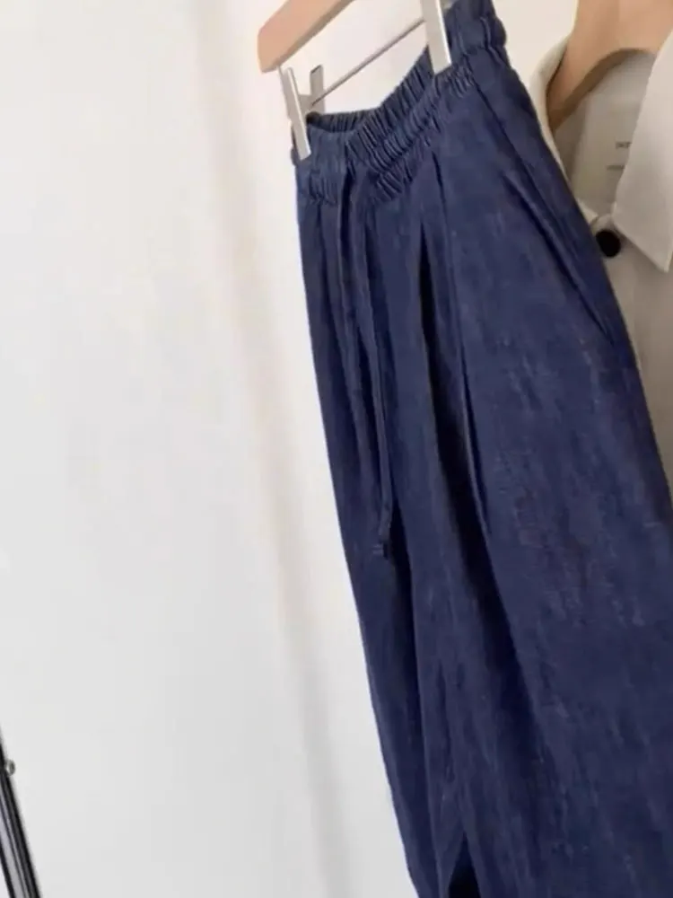Pantalones de pierna ancha versátiles, pantalones largos informales de cintura alta para ir al trabajo, pantalones vaqueros azules holgados drapeados con cintura elástica