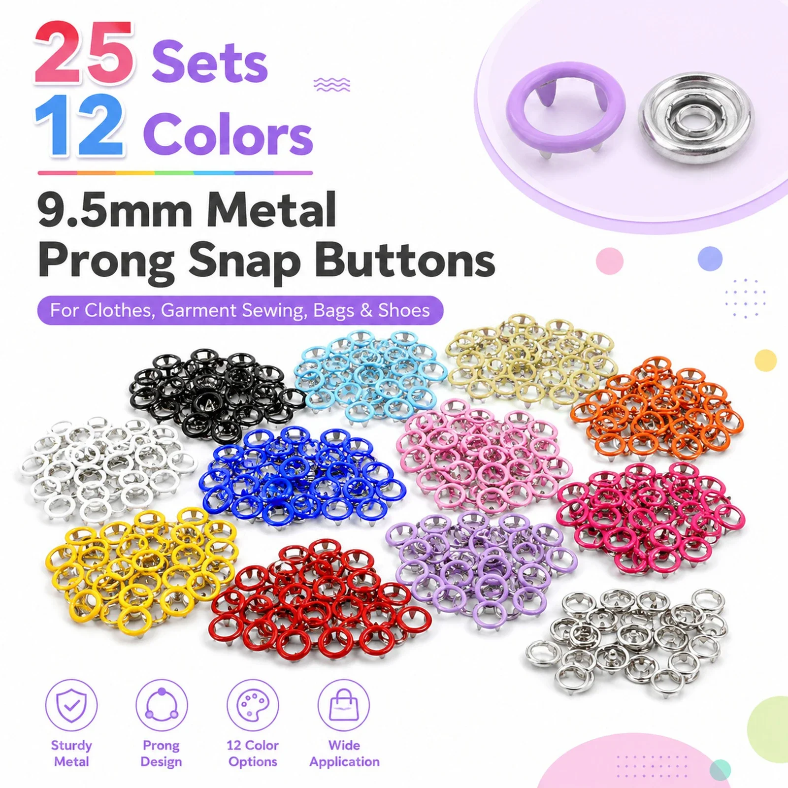 25-100Sets 9.5mm 12 Colors Metal Snap Fasteners, Hollow Prong Press Studs Buttons Assortment Kit for Sewing Craft Supplies