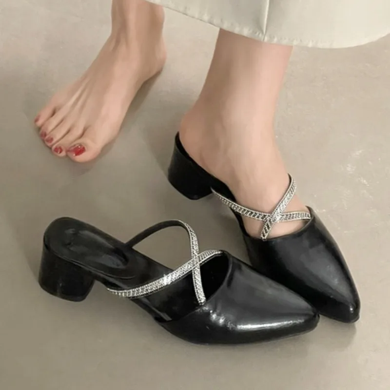 

Женские туфли на высоком каблуке с кристаллами, остроносые, модные, летние, 2026, новые, на массивной подошве, элегантные босоножки, шлепанцы, Zapatos