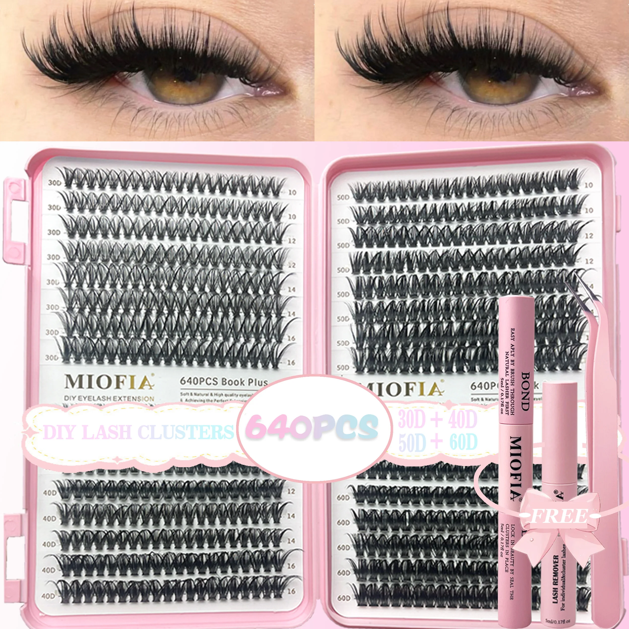 MIOFIA DIY Lash Clusters Set Individual Lashes Clusters Mixed Tray Natural Eyelash Extension Kit With Lash Bond and Seal At Home