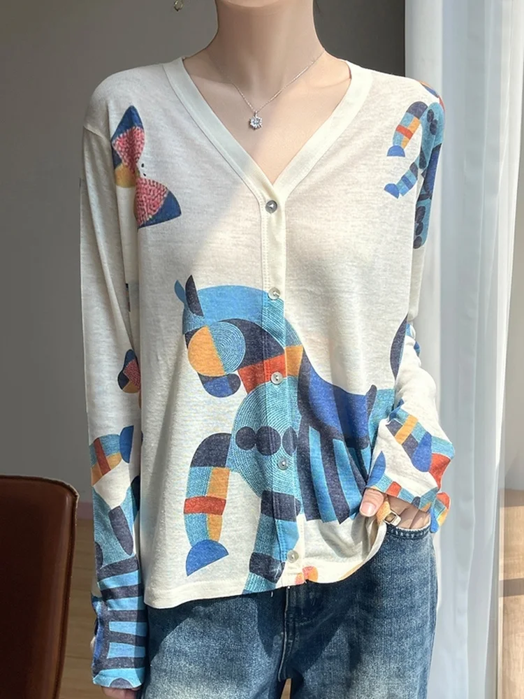 Ele Printed Knitted Cardigan Thin Outerwear Casual Sle Loose Fit Long Sve V-Ne Button Closure Regular Length