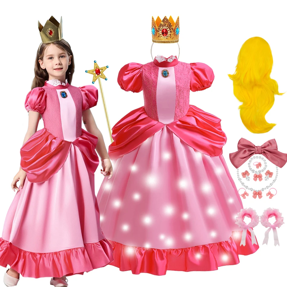 Peach Pink Lace Tulle Princess Dress Cosplay Costume for Girls with Accessories Anime Character Outfit Halloween Party Wear
