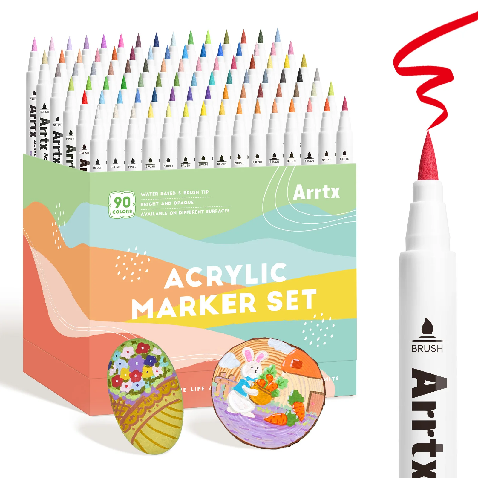 Arrtx 90 Colors Acrylic Paint Pens, Paint Markers Pens, for Artists Adults Coloring Book- Brush Tip for DIY Crafts Making 90B