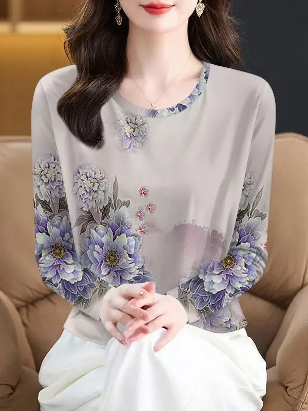 

High-End Printed Long Sve T-irt Women's Spring Autumn New Sle Anti-Aging Belly Covering Trendy Top Commute Sle